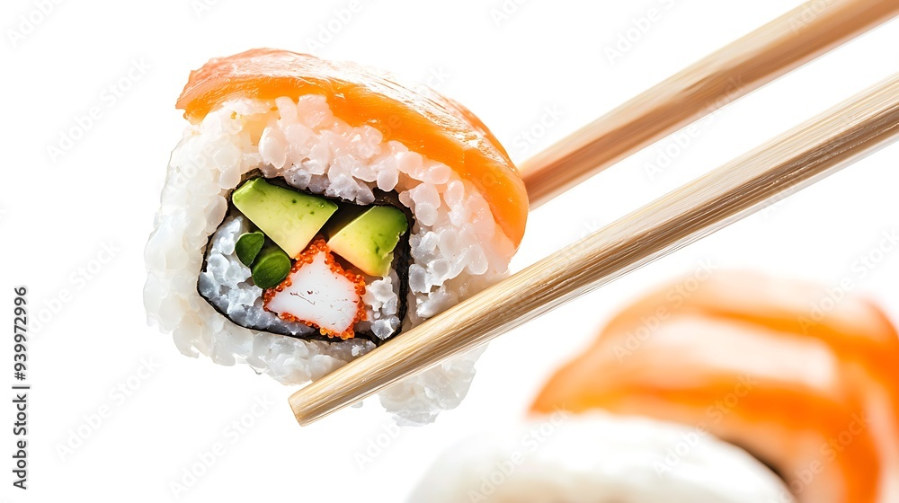 Holding chopsticks picking up sushi 1 piece isolated on white background, for japanese food concept, menu recommend and advertising in restaurant Holding chopsticks picking up sushi 1 piece isolated on white background, for japanese food concept, menu recommend and advertising in restaurant