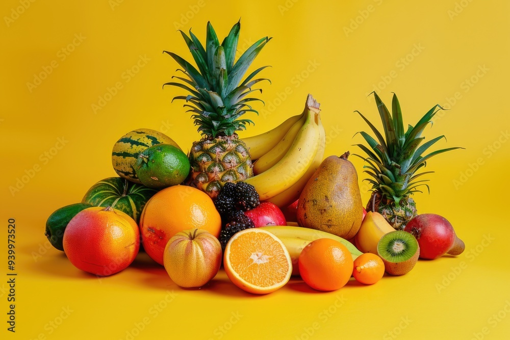 A colorful arrangement of various fruits on a bright yellow surface A colorful arrangement of various fruits on a bright yellow surface