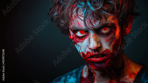 The Undead Gaze: A chilling portrait of a young man transformed into a terrifying zombie, his bloodshot eyes burning with an insatiable hunger.