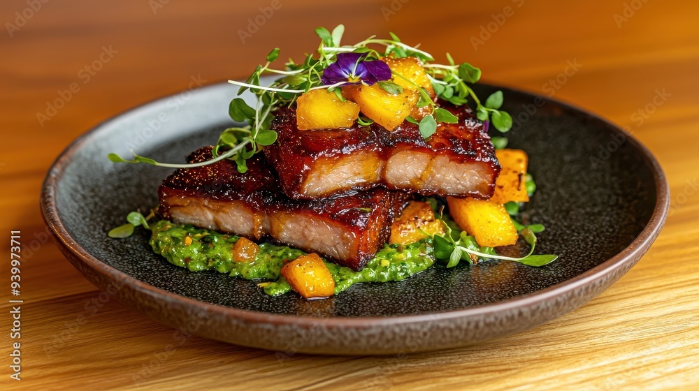 Delicious Glazed Pork Belly with Mango and Microgreens on Black Plate Delicious Glazed Pork Belly with Mango and Microgreens on Black Plate