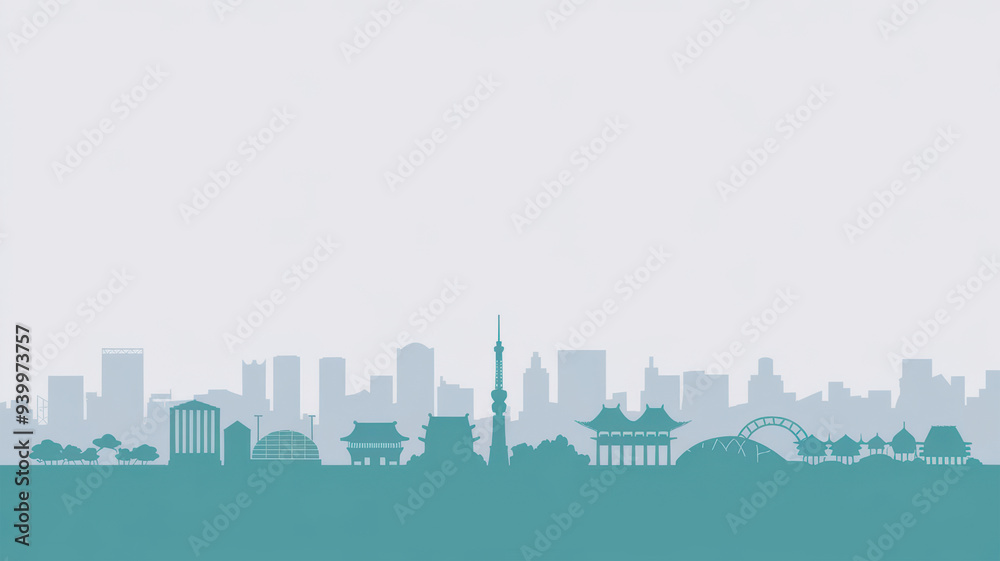 Naklejka premium A minimalist vector illustration of the Japan Tokyo skyline in a white background. The design uses simple shapes and lines. There Are silhouettes of buildings in grey and turquoise.