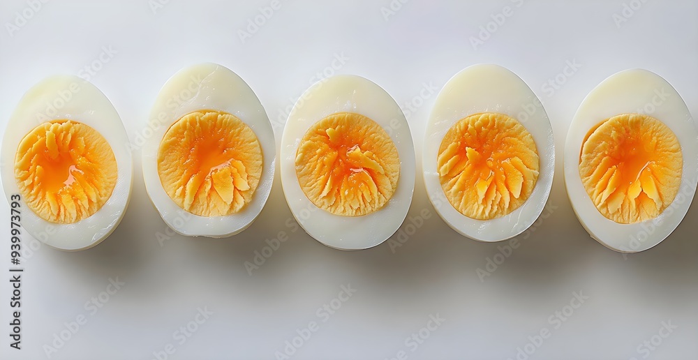 Five Sliced Hard Boiled Eggs in a Row. Five Sliced Hard Boiled Eggs in a Row.