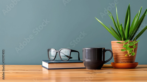 A cozy workspace featuring a potted plant, stacked books, glasses, and a coffee mug on a wooden table, ideal for work or study.