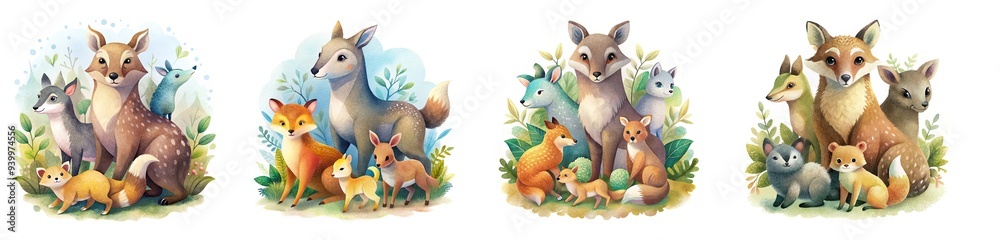 Watercolor illustration of woodland animals with babies and mothers, white background