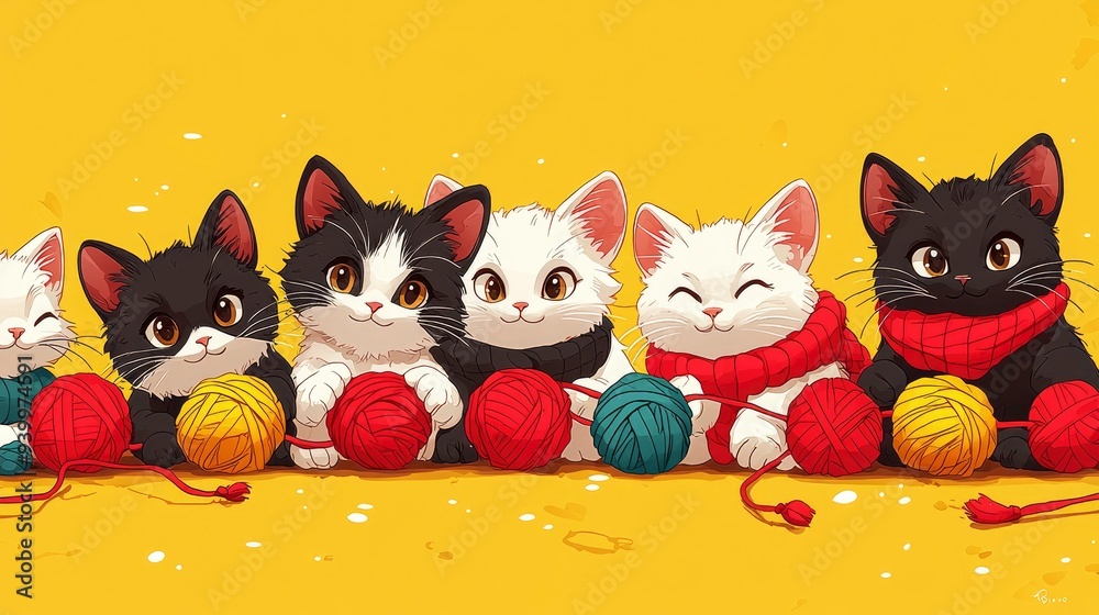 Fototapeta premium Cute Kittens Playing with Yarn Balls