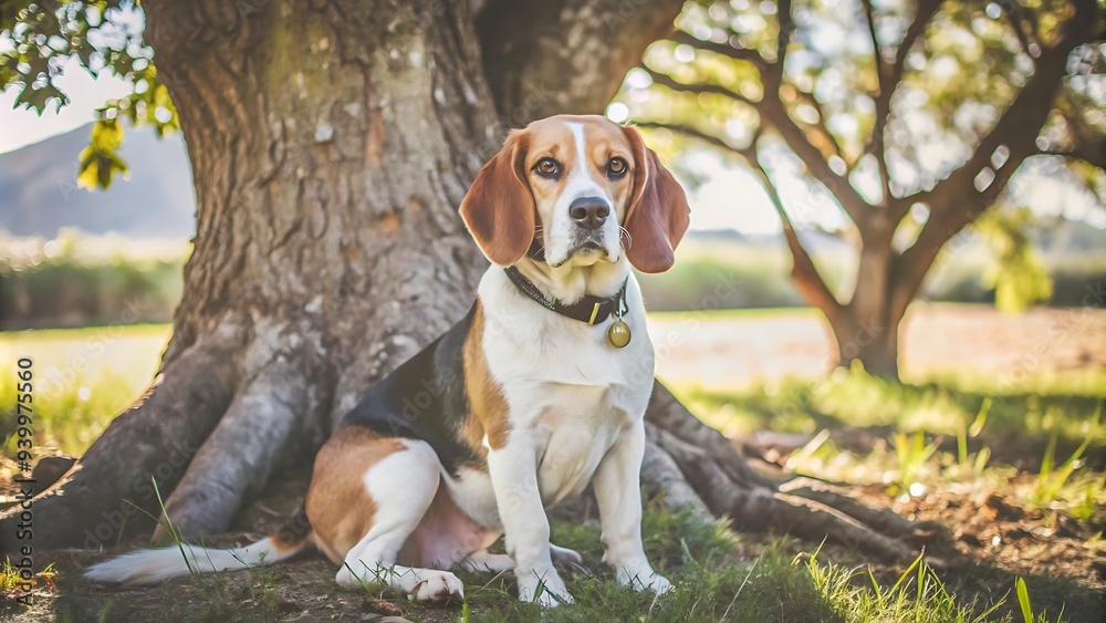 Portrait of Beagle Dog Sitting Under a Tree