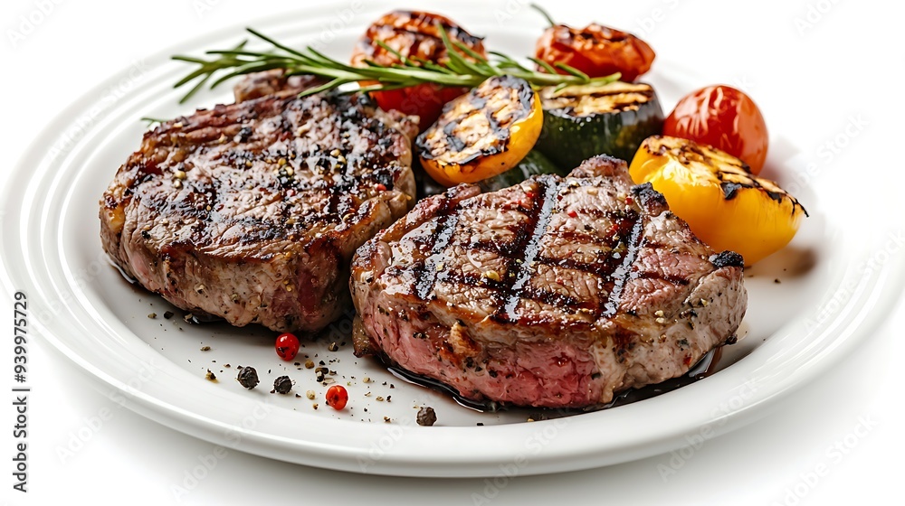 Lamb steak and vegetables grilled on white plate isolated on white background. Lamb steak and vegetables grilled on white plate isolated on white background.