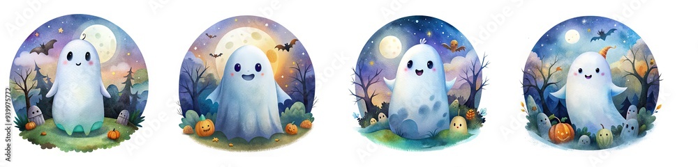 Obraz premium Watercolor cute ghost in a spooky Halloween scene, white background