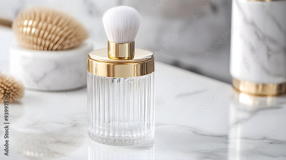 Glamorous brush holder, transparent glass with gold accents, luxurious setup on white marble countertop, reflective surfaces enhance the elegance Glamorous brush holder, transparent glass with gold accents, luxurious setup on white marble countertop, reflective surfaces enhance the elegance