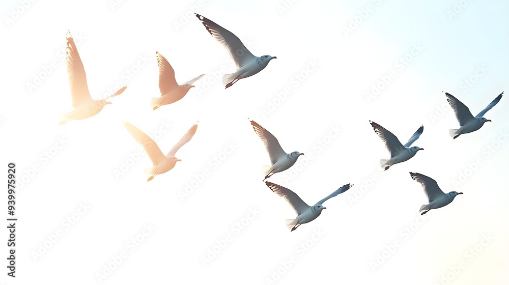 Obraz premium Flock of Seagulls Flying in the Sky.