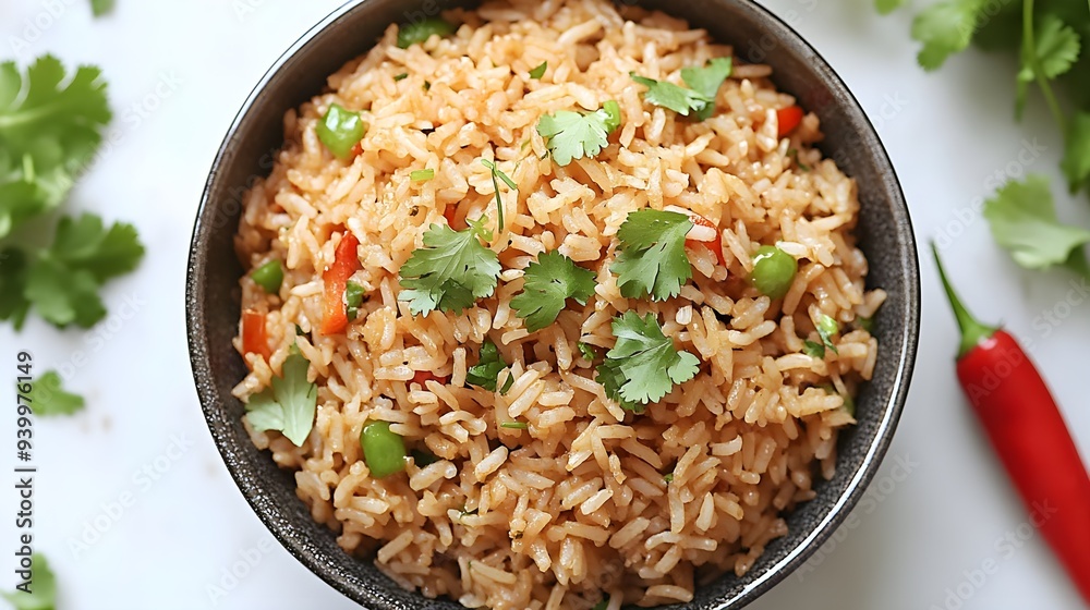 Close Up of Fried Rice in a Bowl with Cilantro and Red Pepper. Close Up of Fried Rice in a Bowl with Cilantro and Red Pepper.