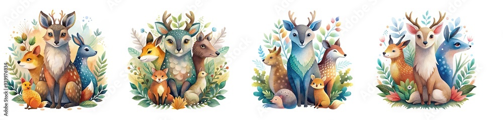 Fototapeta premium Boho-inspired watercolor illustration of woodland animals, white background