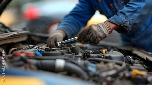 Mechanic Working on Car Engine.