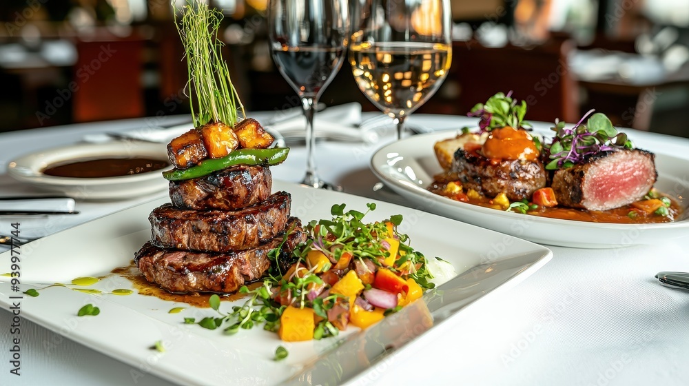 Gourmet Steak Dinner with Mango Salsa and Wine Glasses Gourmet Steak Dinner with Mango Salsa and Wine Glasses