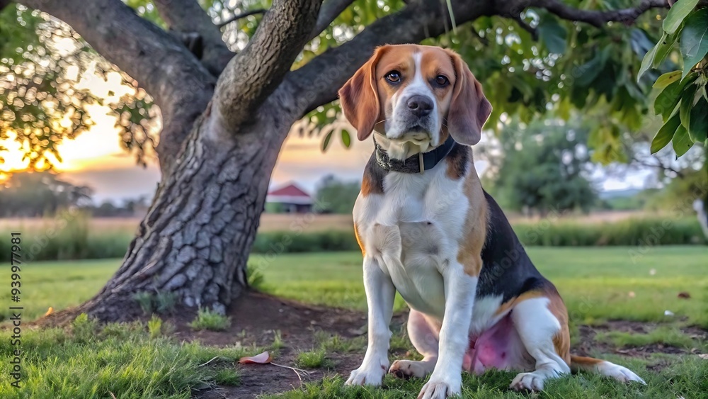 Portrait of Beagle Dog Sitting Under a Tree Portrait of Beagle Dog Sitting Under a Tree