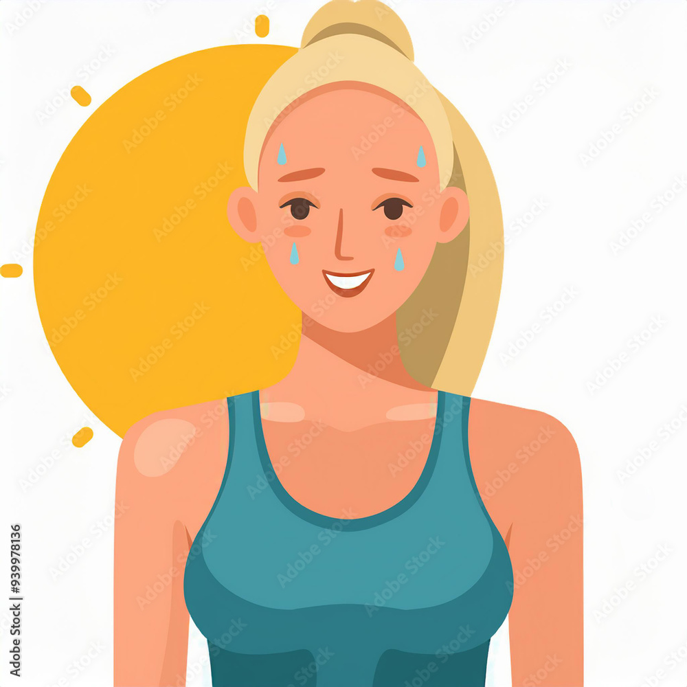 Young woman at outdoor with hot sun light has a risk to have Heat stroke. Symptoms such as high body temperature, sweat, perspire, headache, red skin, dehydration. Flat vector illustration character. Young woman at outdoor with hot sun light has a risk to have Heat stroke. Symptoms such as high body temperature, sweat, perspire, headache, red skin, dehydration. Flat vector illustration character.