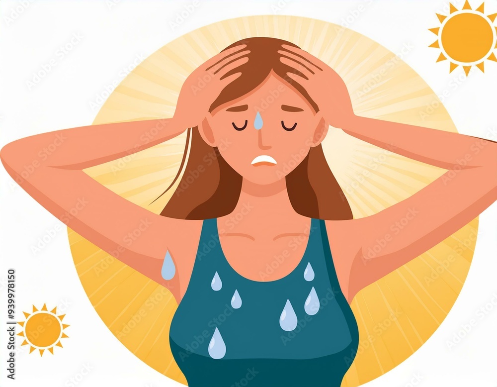 Young woman at outdoor with hot sun light has a risk to have Heat stroke. Symptoms such as high body temperature, sweat, perspire, headache, red skin, dehydration. Flat vector illustration character. Young woman at outdoor with hot sun light has a risk to have Heat stroke. Symptoms such as high body temperature, sweat, perspire, headache, red skin, dehydration. Flat vector illustration character.