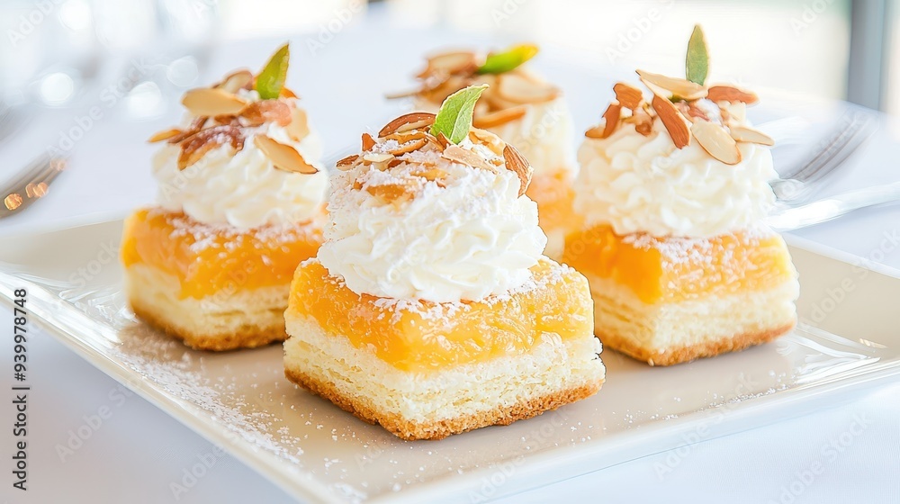 Delicious Almond and Whipped Cream Pastry Dessert on White Plate Delicious Almond and Whipped Cream Pastry Dessert on White Plate