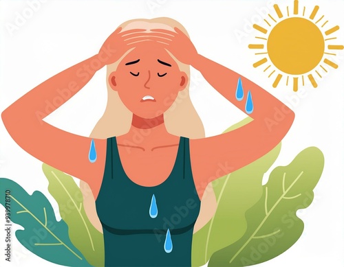 Young woman at outdoor with hot sun light has a risk to have Heat stroke. Symptoms such as high body temperature, sweat, perspire, headache, red skin, dehydration. Flat vector illustration character.