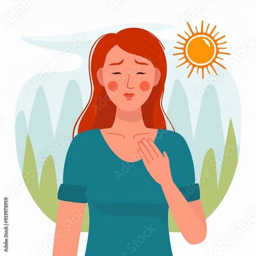 Young woman at outdoor with hot sun light has a risk to have Heat stroke. Symptoms such as high body temperature, sweat, perspire, headache, red skin, dehydration. Flat vector illustration character.