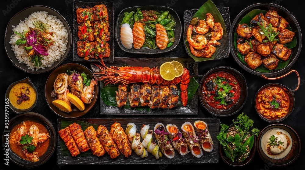 Gourmet Asian Seafood Platter with Grilled Prawns  Lobster  Sushi  and Appetizers