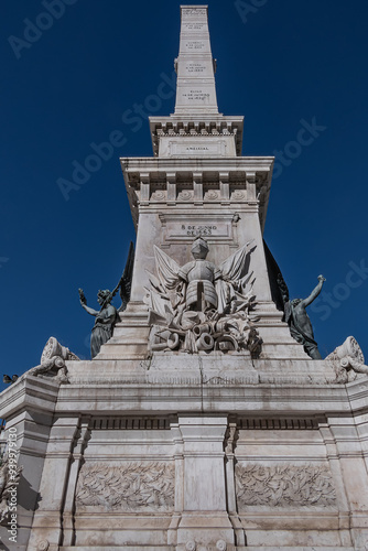 Monument to Restorers (Monumento aos Restauradores) located in Restauradores Square. Monument memorializes the victory of the Portuguese Restoration War. LISBON, PORTUGAL. photo