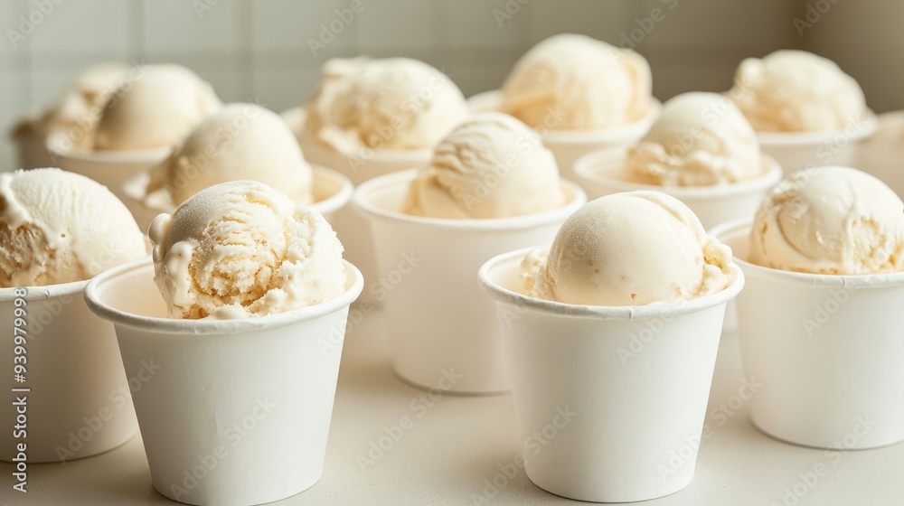 Ice cream in white paper cups. Ice cream background Ice cream in white paper cups. Ice cream background