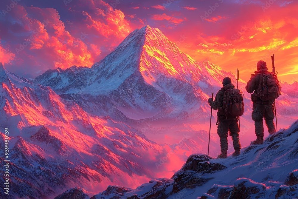 Two climbers stand on a rocky outcrop, captivated by a stunning sunset illuminating the snow-capped peaks. Generative AI Two climbers stand on a rocky outcrop, captivated by a stunning sunset illuminating the snow-capped peaks. Generative AI