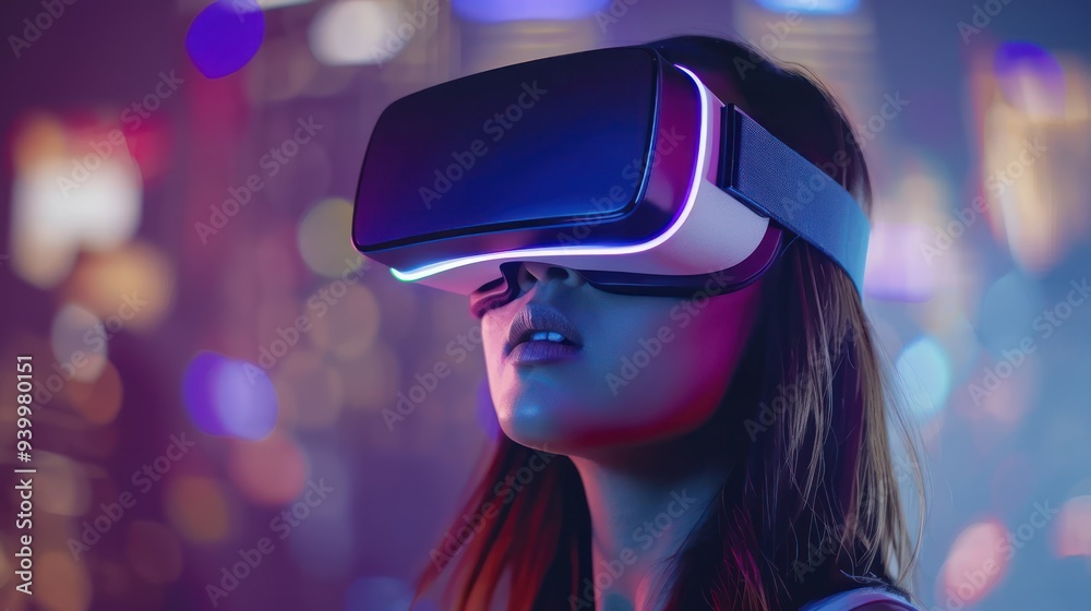 Woman in VR Headset Experiencing Immersive Reality Woman in VR Headset Experiencing Immersive Reality