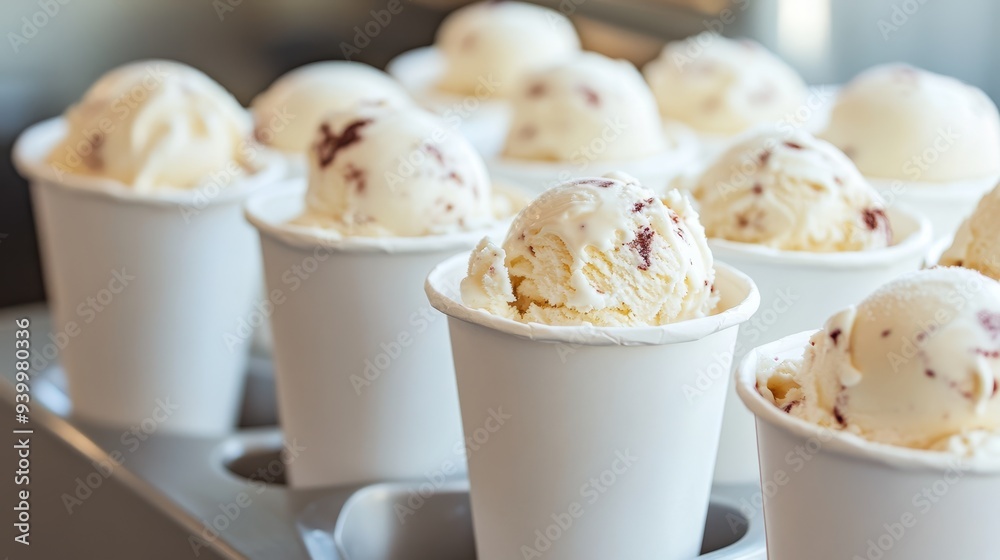 Ice cream in white paper cups. Ice cream background Ice cream in white paper cups. Ice cream background
