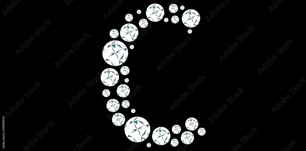 Silver Rhinestone Diamonds Alphabet Letter C Luxury Text Design Vector Illustration, Capital Diamonds Letter C On Black Background. Silver Rhinestone Diamonds Alphabet Letter C Luxury Text Design Vector Illustration, Capital Diamonds Letter C On Black Background.