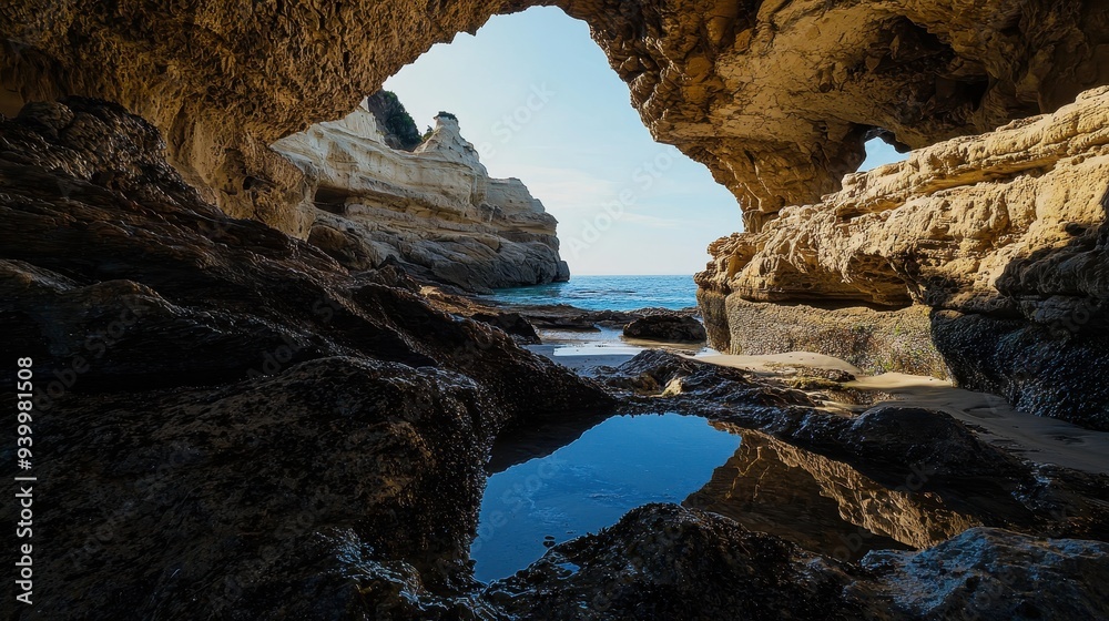 Obraz premium Sea Cave With Blue Water Reflection and Rocks