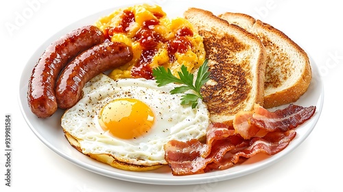 American breakfast set with eggs,bacon,toast and sausage on white background.