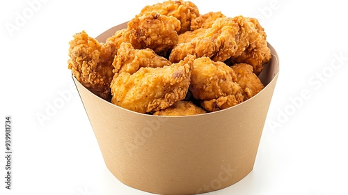 Chicken fried crispy on brown paper bucket isolated on white background.