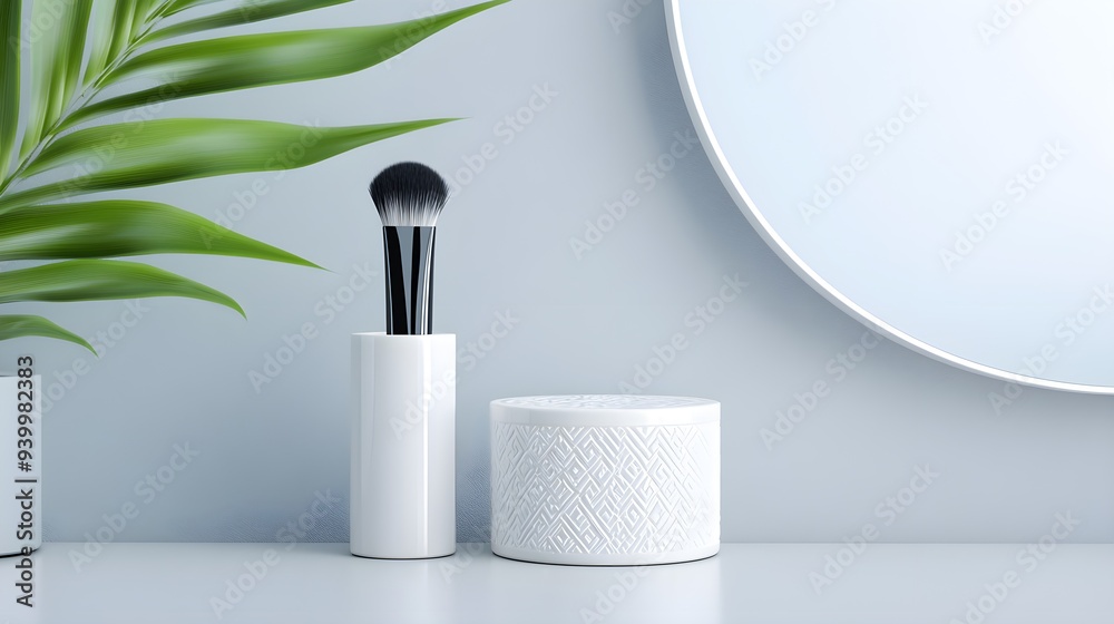 Naklejka premium Modern acrylic brush holder featuring geometric patterns, showcased in a chic and organized storage room with sleek furniture and vibrant accents
