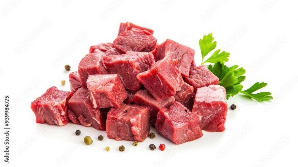 Fototapeta premium Fresh Raw Beef Cubes with Parsley and Peppercorns