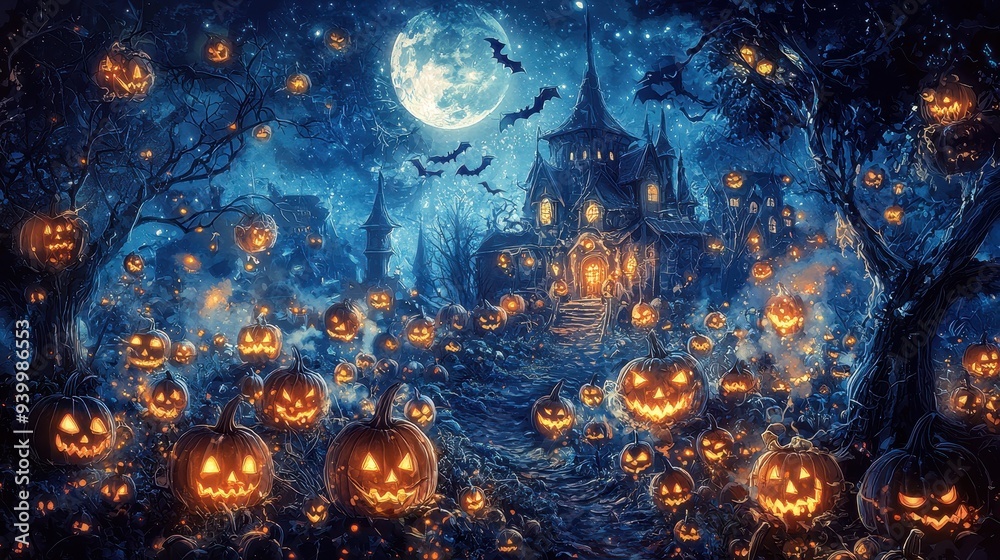 Spooky Halloween Night with Jack o Lanterns and Haunted House Spooky Halloween Night with Jack o Lanterns and Haunted House
