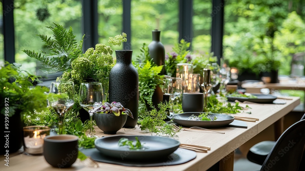 Elegant Black and Green Table Setting with Ferns Candles and Glassware Elegant Black and Green Table Setting with Ferns Candles and Glassware