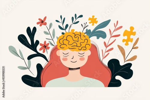 Whimsical illustration of a person with a brain made of flowers symbolizing mental wellness growth and the nurturing of positive thoughts set against a soft organic background
