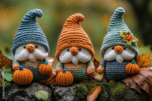 cute crocheted Fall gnomes characters: with leaves, pumpkin. and Autumn sublimation photo