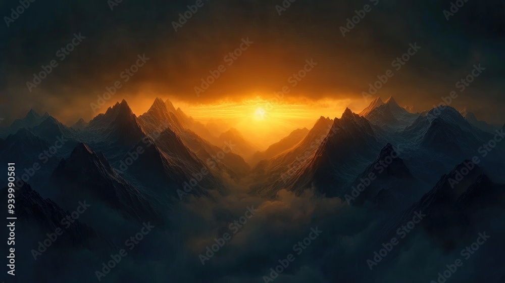 A dark, misty mountain range with a glowing sunrise in the distance, casting light over the peaks - A dark, misty mountain range with a glowing sunrise in the distance, casting light over the peaks -