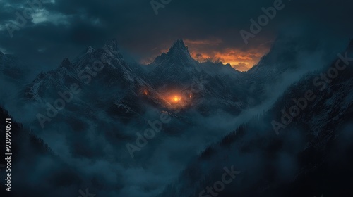 A dark, misty mountain range with a glowing sunrise in the distance, casting light over the peaks -