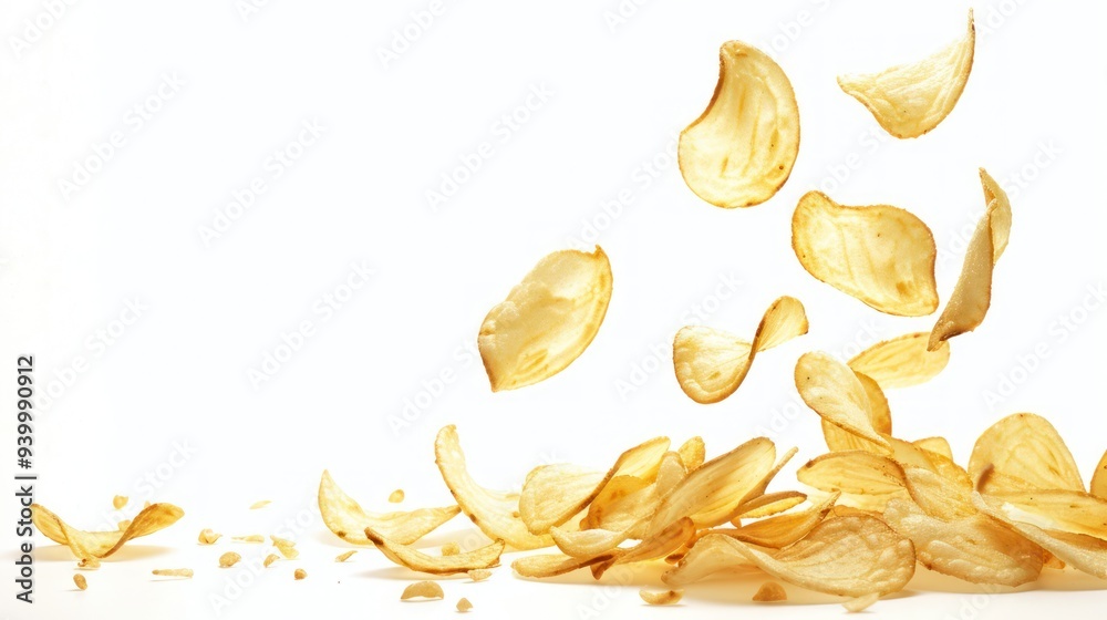 Potato Chips Falling on White Background Potato Chips Falling on White Background