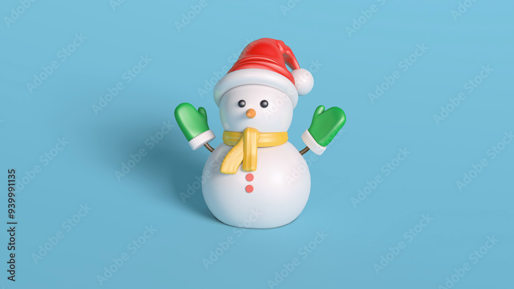 Cute Snowman with Santa Hat and Mittens on Blue Background Cute Snowman with Santa Hat and Mittens on Blue Background