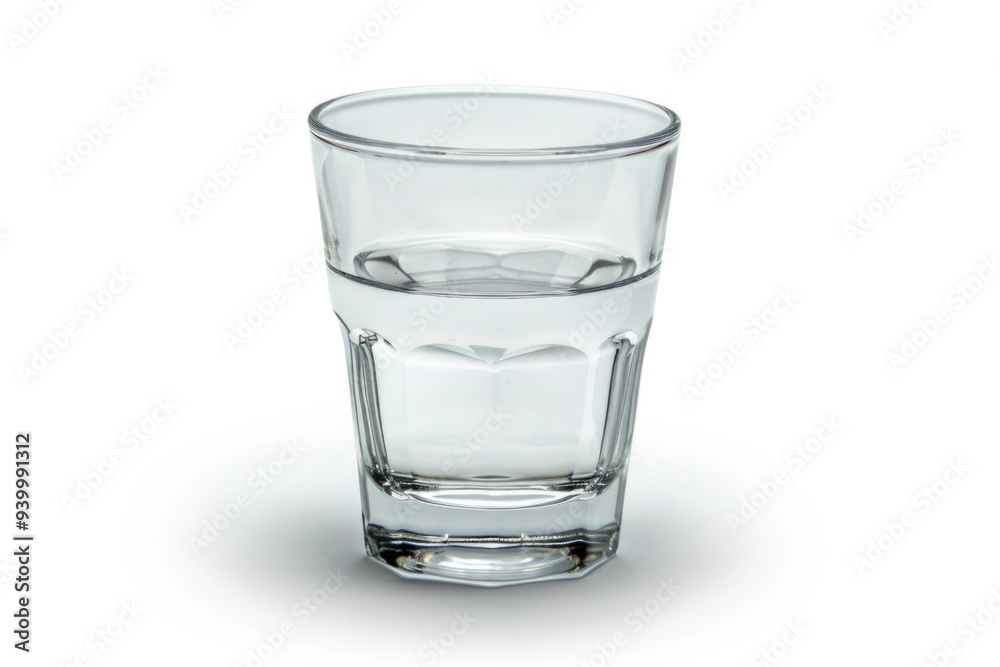 A single glass filled with clear water on a clean white surface A single glass filled with clear water on a clean white surface