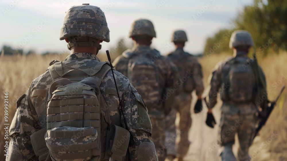Group of soldiers marching down a dirt path, uniformed and armed