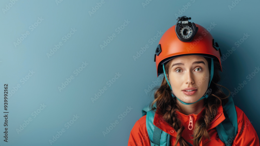 A woman wearing a red helmet with an attached camera and outdoor gear stands against a blue background, looking directly at the camera.