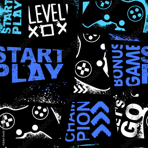 Seamless abstract pattern with joystick game and graffiti words. Bright colorful  vector Print for boys.