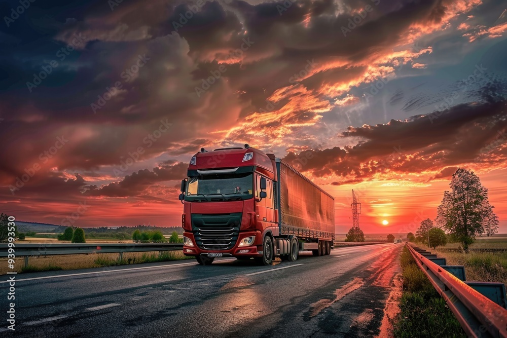 A semi-truck drives down a highway during a beautiful sunset A semi-truck drives down a highway during a beautiful sunset