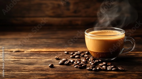 A steaming cup of coffee with coffee beans scattered on a dark wooden table